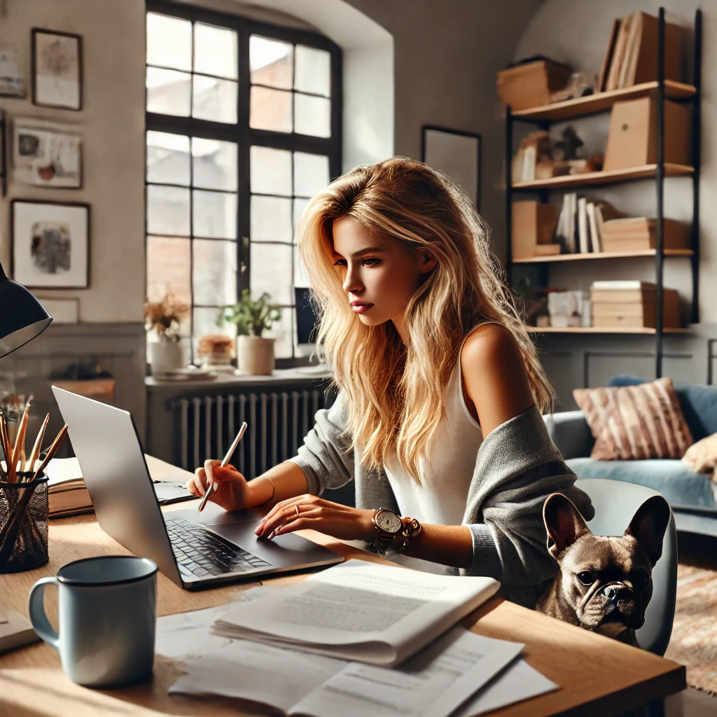 DALL·E 2024 07 03 17.13.28 A blond girl in a home office, looking very hardworking. She is sitting at a modern desk with a laptop open, focused intently on the screen, with pape